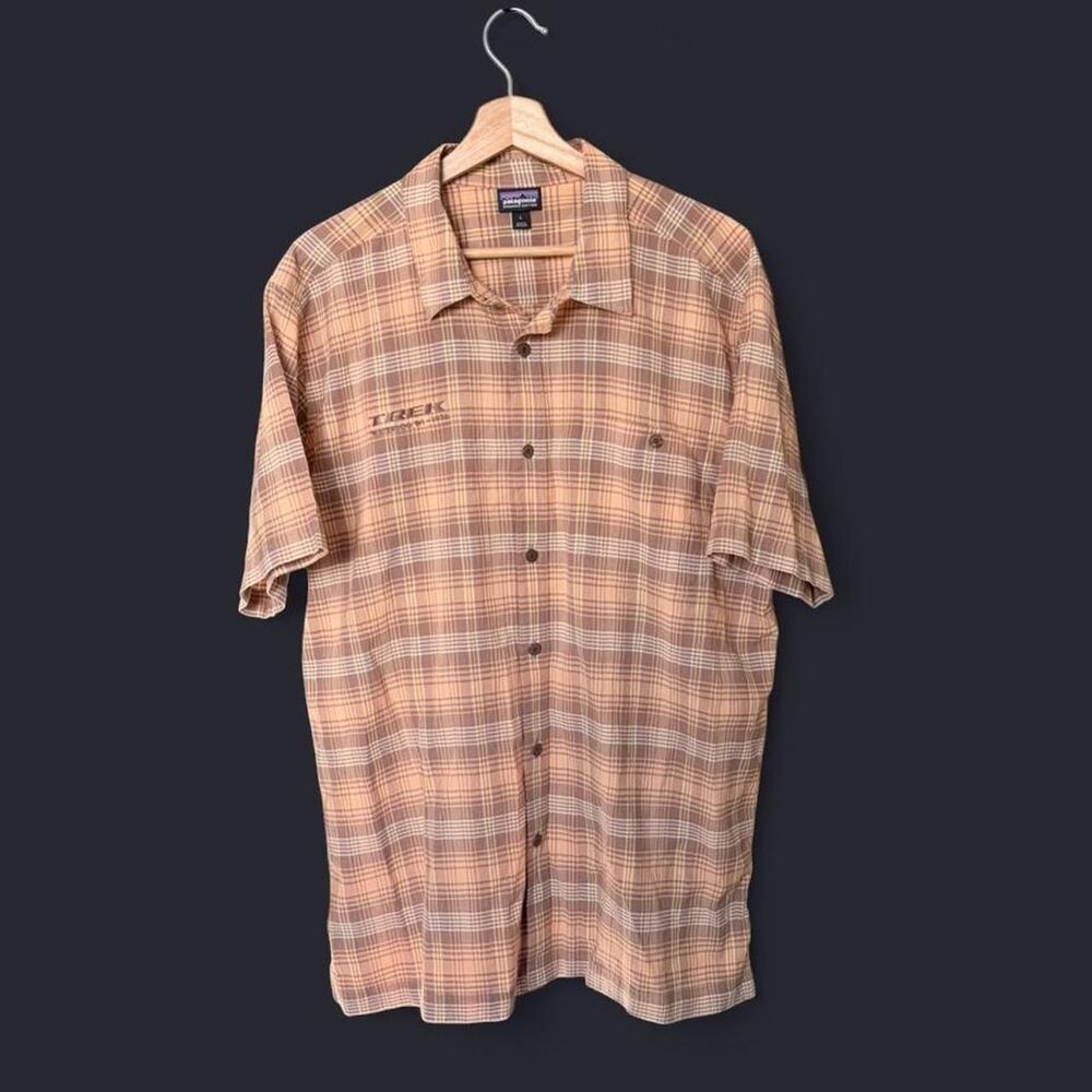 Patagonia organic cotton plaid button up shirt trek bicycles embroidery flannel